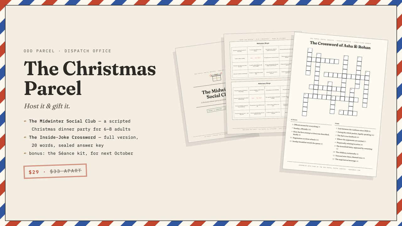 The Christmas Parcel: the Midwinter Social Club cover and a bingo page beside a finished personalised crossword titled The Crossword of Asha & Rohan.