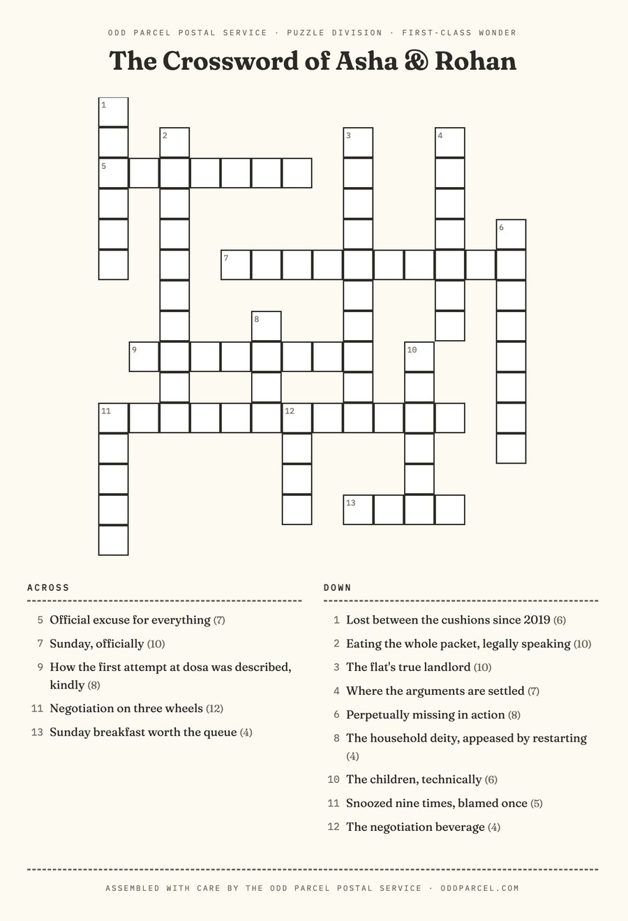A finished full-version crossword titled The Crossword of Asha & Rohan, with fourteen interlocking words and clues such as 'The flat's true landlord' and 'Sunday, officially'.