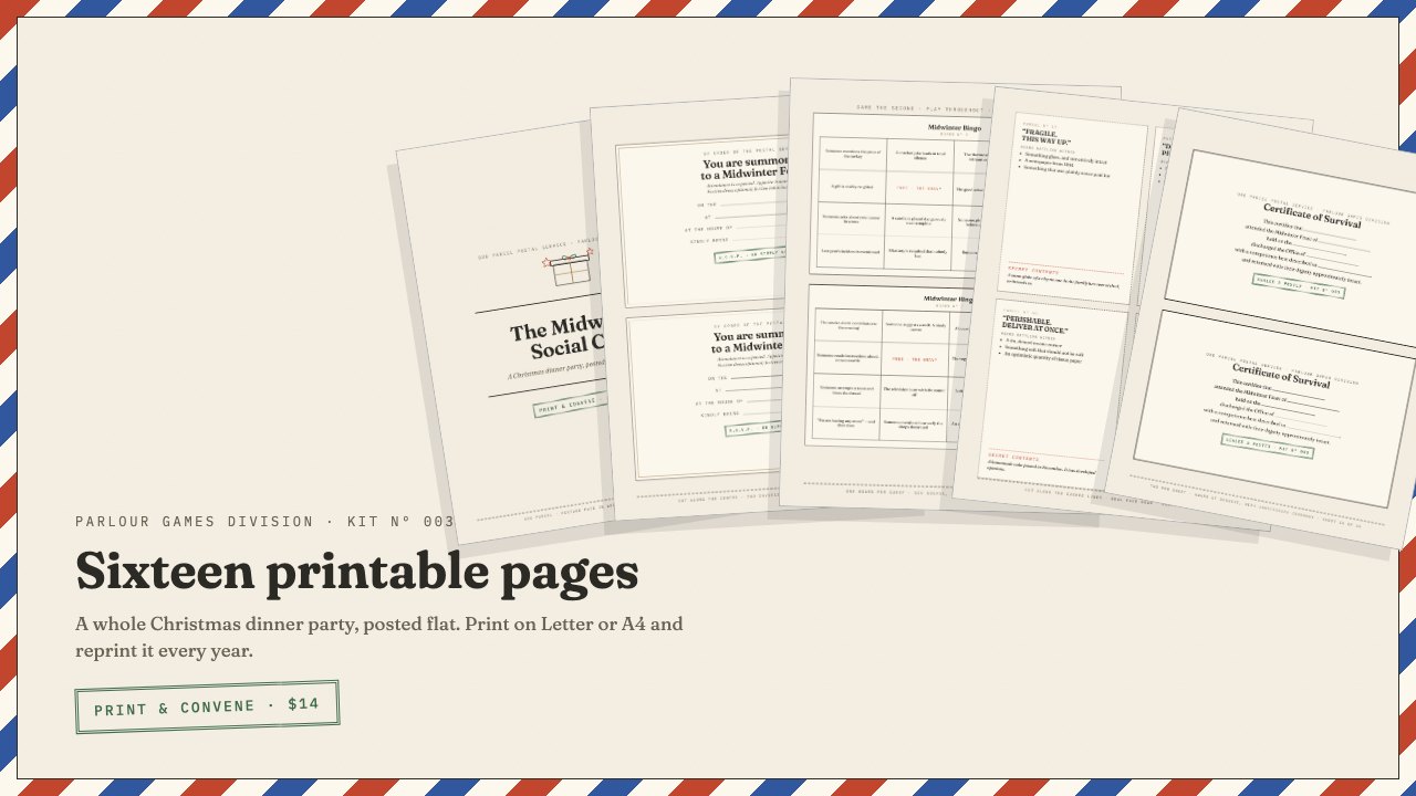 Five pages of the Midwinter Social Club kit fanned out — the cover, an invitation, a bingo board, a parcel card and a Certificate of Survival.