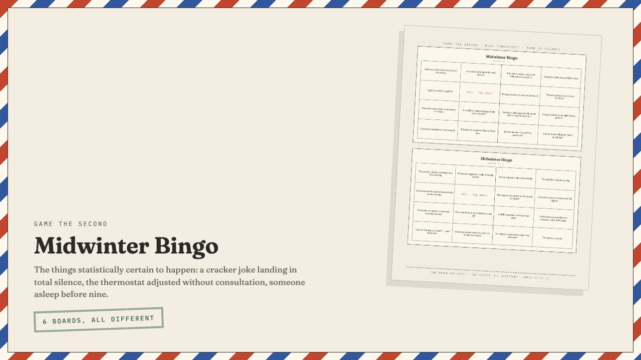 A Midwinter Bingo page showing two 4-by-4 boards of things certain to happen at Christmas dinner.