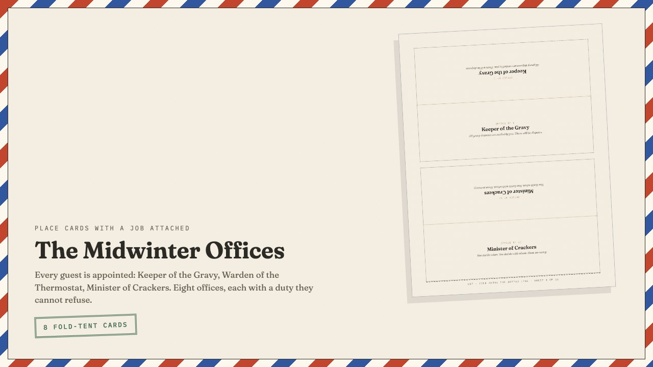 The Midwinter Offices page, showing fold-tent place cards appointing guests Keeper of the Gravy and Minister of Crackers.