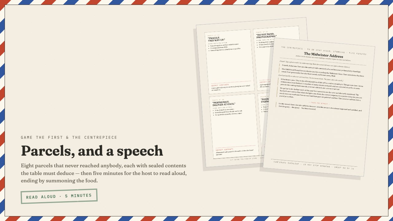 Parcel cards beside the Midwinter Address, the host's read-aloud speech.