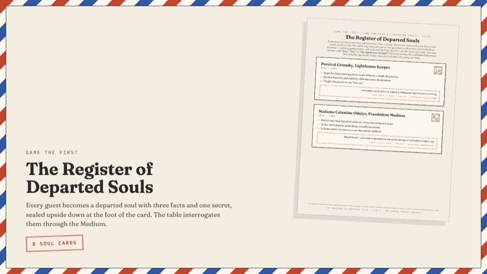 The Register of Departed Souls page, showing two soul cards with three facts each and sealed upside-down Unfinished Business.