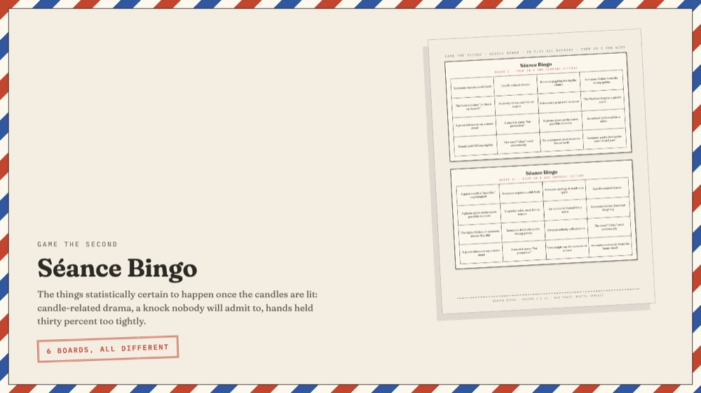 A Séance Bingo page showing two 4-by-4 boards of humorous squares.