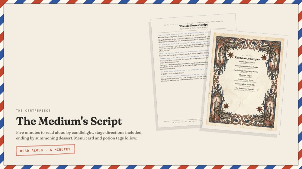 The Medium's Script page beside the framed Séance Supper menu card with gothic moth-and-candle border.
