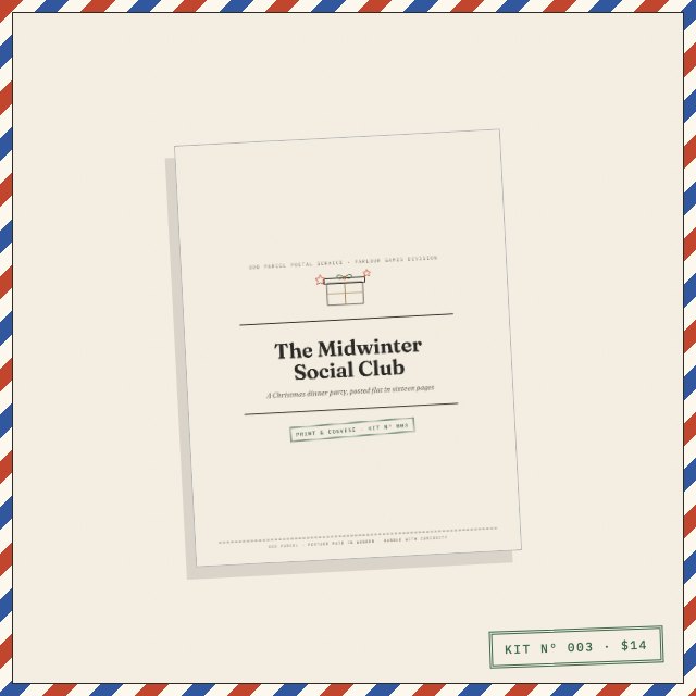 Cover of The Midwinter Social Club printable Christmas party kit, a cream sheet with a wrapped-parcel engraving inside an airmail border.